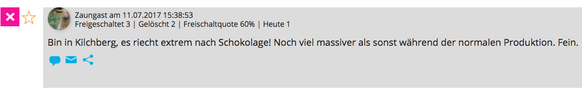 «Bin in Kilchberg, es riecht extrem nach Schokolade! Noch viel massiver als sonst während der normalen Produktion. Fein», kommentiert ein User.