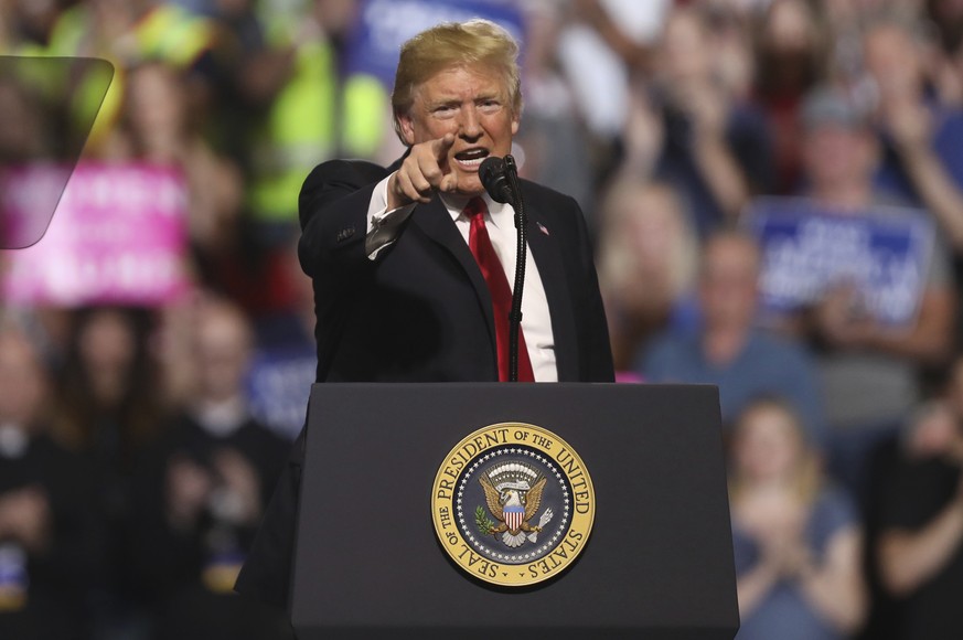 President Donald Trump addresses the audience at a rally at the Four Seasons Arena at Montana ExpoPark, Thursday, July 5, 2018, in Great Falls, Mont., in support of Rep. Greg Gianforte, R-Mont., and G ...