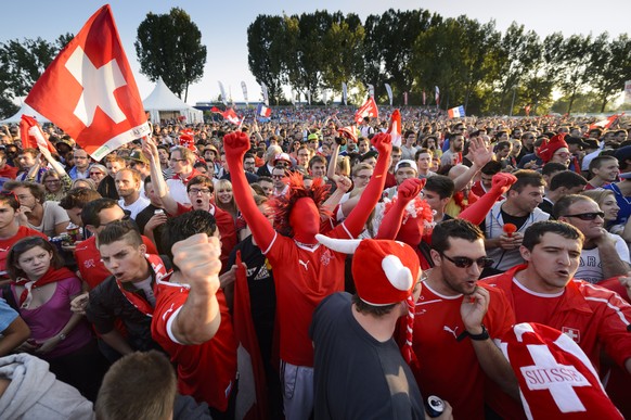 Swiss soccer fans cheer during the live broadcast of the Brazil Soccer FIFA World Cup match between Switzerland and France at the public viewing zone in Lausanne, Switzerland, Friday, June 20, 2014. ( ...