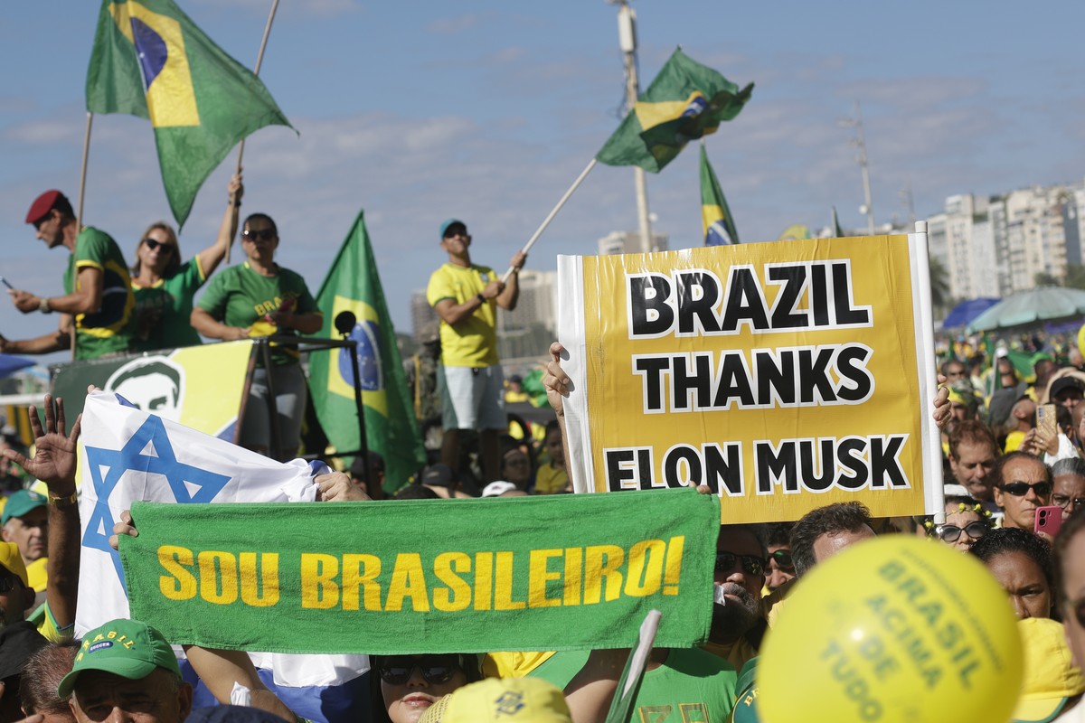 Supporters of former Brazilian President Jair Bolsonaro take part in a demonstration calling for freedom of expression, spurred by Brazilian court orders to suspend accounts on the social media platfo ...