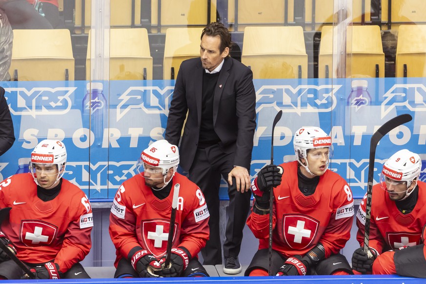 Patrick Fischer, head coach of Switzerland national ice hockey team, observes the game, during the IIHF 2025 World Championship quarter final game between Switzerland and Austria, at the Jyske Bank Bo ...