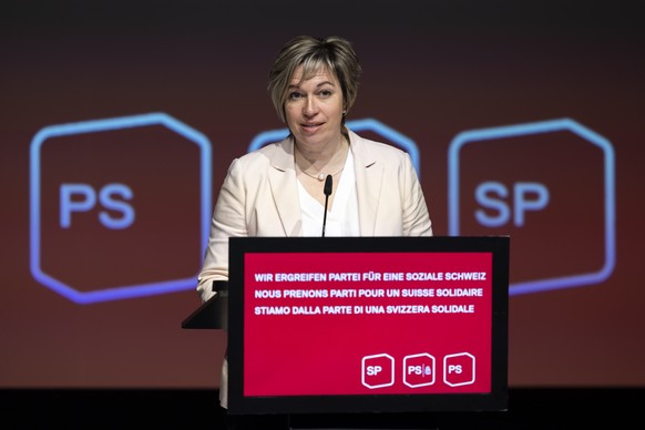 Valerie Piller Carrard, Nationalraetin SP-FR, spricht beim Parteitag der SP, am Samstag, 25. Februar 2023, in Fribourg. (KEYSTONE/Peter Klaunzer)