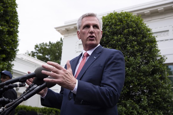 epa10632561 US Speaker of the House Kevin McCarthy speaks to members of the news media, after a meeting between US President Joe Biden and Congressional leaders on raising the debt limit, outside the  ...