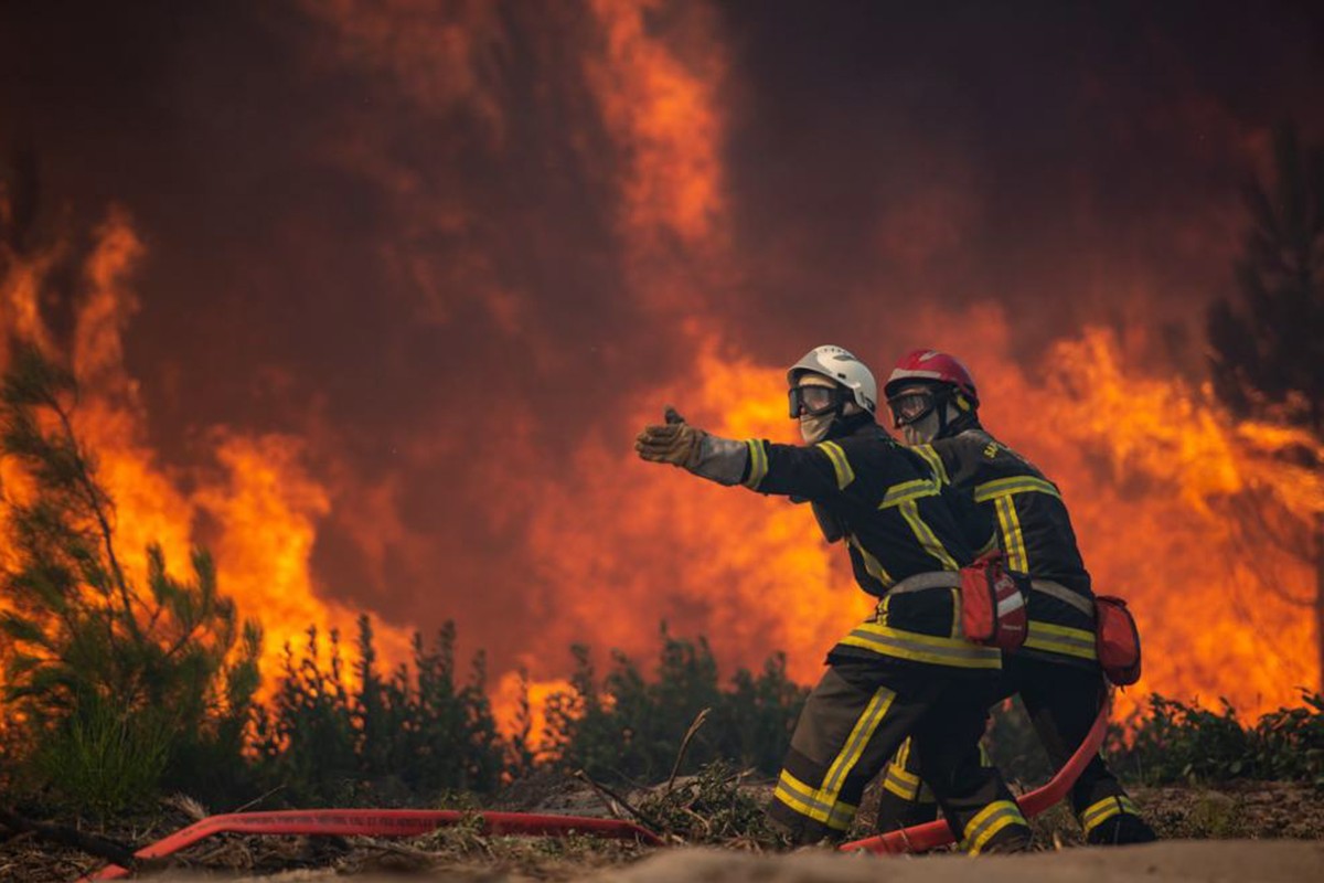 epa10079140 A handout photo made available by the Gironde Fire and Rescue Departmental Service 33 (SDIS 33) shows firefighters battling a forest fire in Landiras, France, 18 July 2022 (issued 19 July  ...