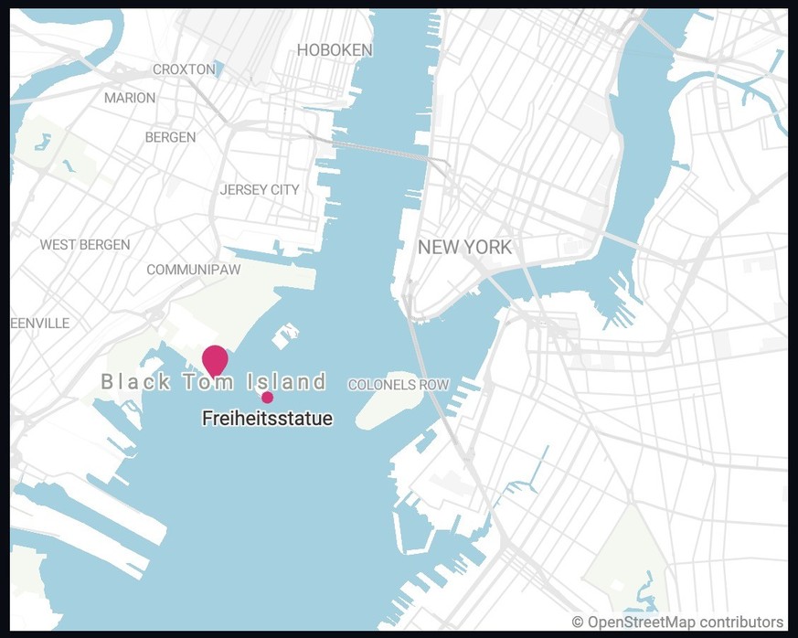 Liberty Island, die Insel, auf der die Freiheitsstatue steht, liegt direkt gegenüber von Black Tom Island. (Created with Datawrapper)