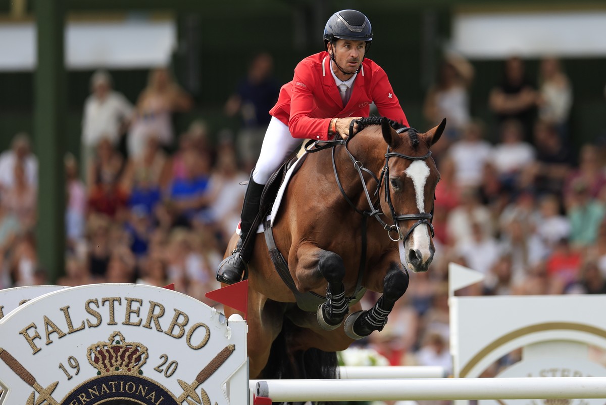 KEYPIX - epa13102538 Steve Guerdat from Switzerland on the horse Dynamix de Belheme in action during the Falsterbo Nations Cup International jumping event of the Falsterbo Horse Show 2026 in Falsterbo ...