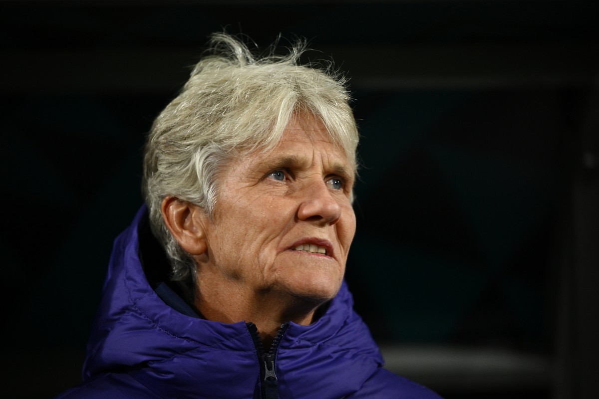 epa10781128 Brazil's coach Pia Sundhage during the FIFA Women's World Cup 2023 group F soccer match between Jamaica and Brazil at Melbourne Rectangular Stadium in Melbourne, Australia, 02 Au ...