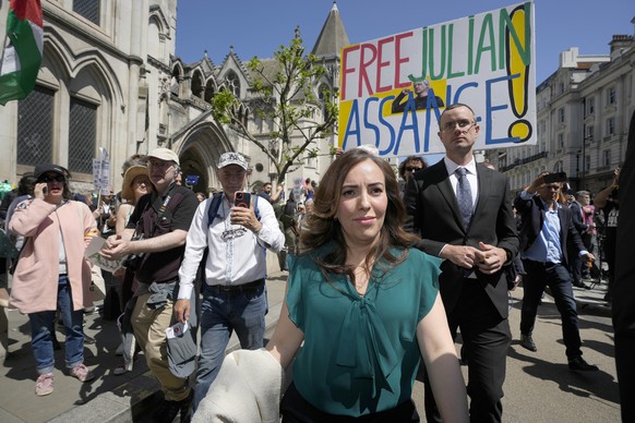 Stella Assange, wife of Wikileaks founder Julian Assange, leaves the High Court in London, Monday, May 20, 2024. A British court has ruled that WikiLeaks founder Julian Assange can appeal against an o ...