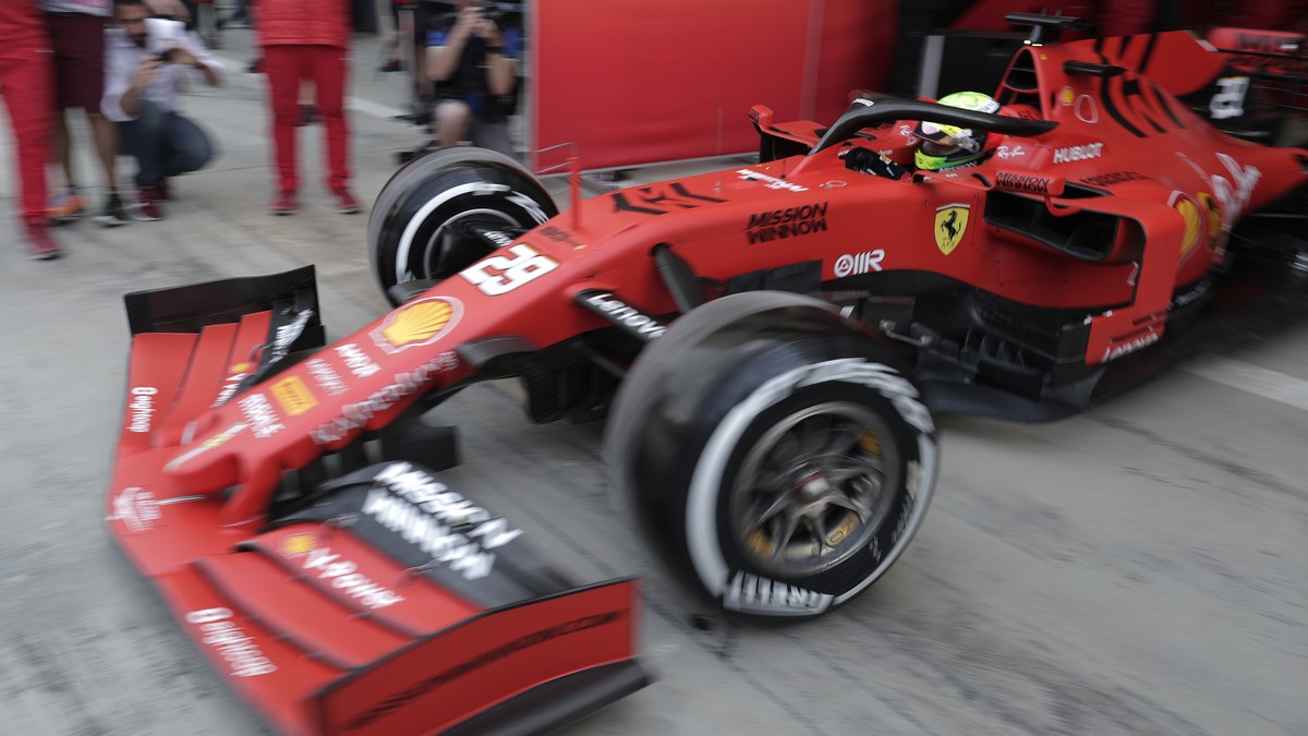 Mick Schumacher steers a Ferrari car during his first F1 test for Ferrari at the Bahrain International Circuit in Sakhir, Bahrain, Tuesday, April 2, 2019. Mick Schumacher has moved closer to emulating ...