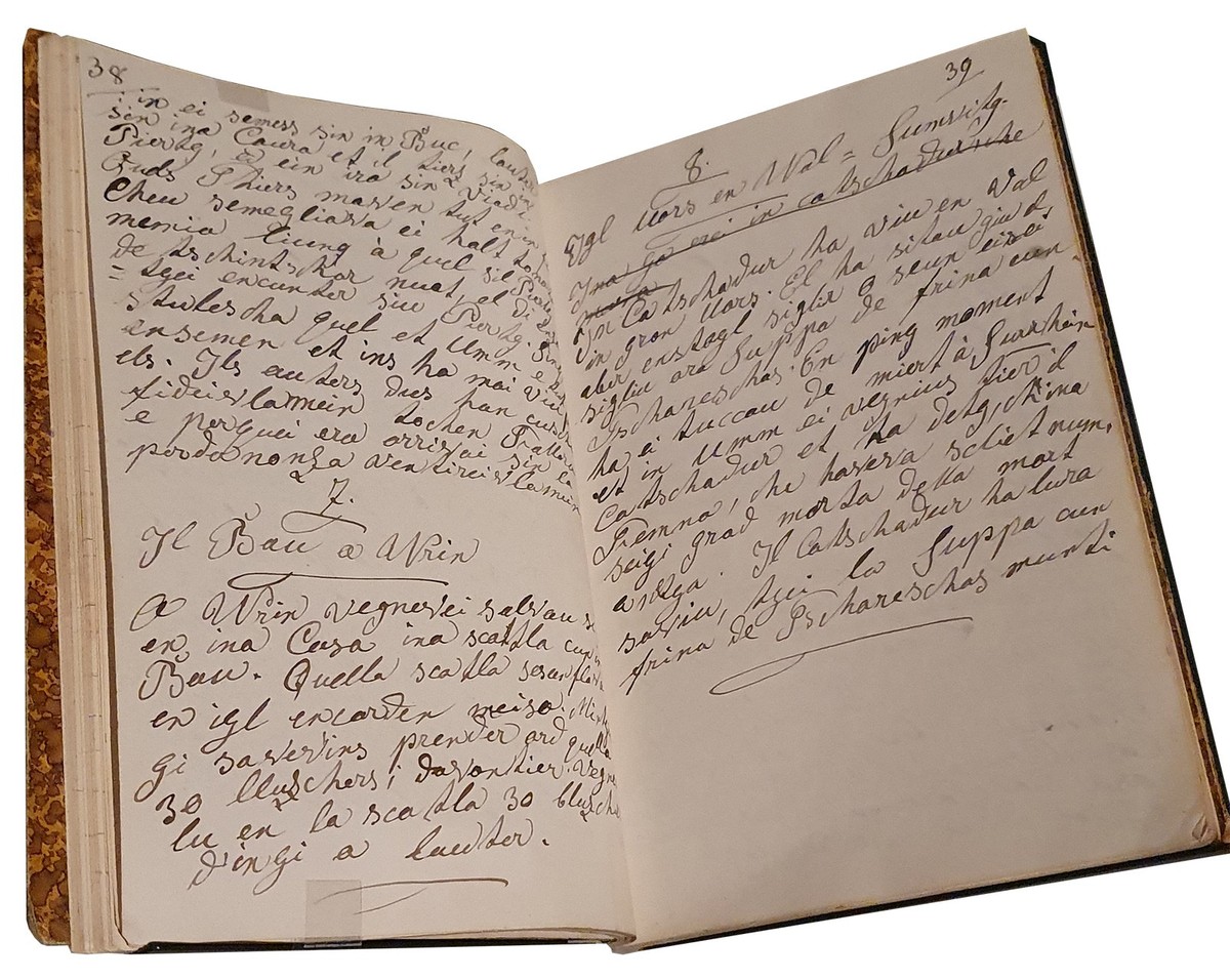 «Igl uors en Val Sumvitg» – Die Sage vom Bären in der Val Sumvitg (oben rechts) in einem Fragebogen zur volkskundlichen Materialsammlung für die «Rätoromanische Chrestomathie», 1887...