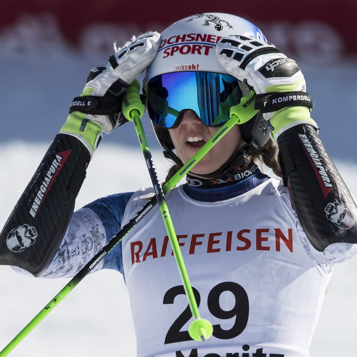 Camille Rast of Switzerland reacts in the finish area during the first run of the women's Giant Slalom race at the 2017 FIS Alpine Skiing World Championships in St. Moritz, Switzerland, Thursday, ...