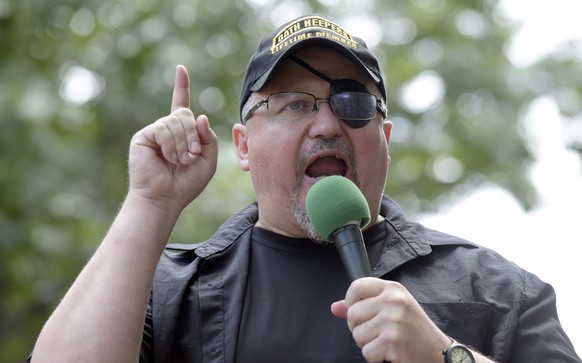 FILE - Stewart Rhodes, founder of the Oath Keepers, speaks during a rally outside the White House in Washington, June 25, 2017. Rhodes has been sentenced to 18 years in prison for seditious conspiracy ...
