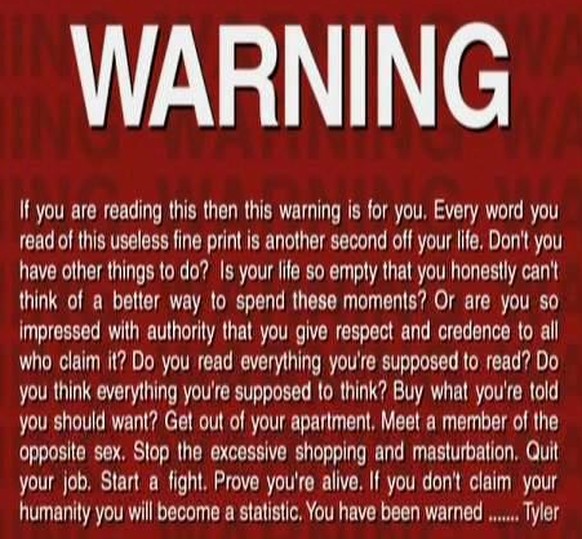 «WARNUNG. Wenn du das liest, dann ist diese Warnung für dich. Jedes Wort dieses sinnlosen Kleingedruckten, welches du liest, kostet dich eine weitere Sekunde deines Lebens. Ist dein Leben so leer, das ...