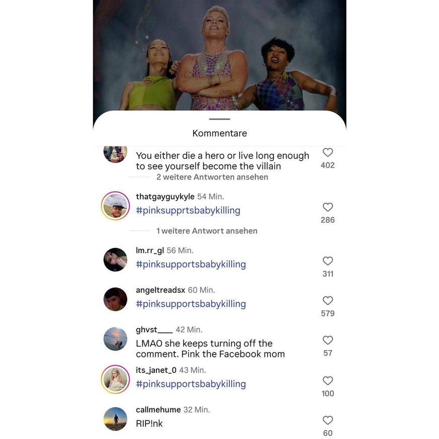 Instagram-User bliesen zum Angriff und fluteten Pinks Account mit Kommentaren und heftigen Hashtags.