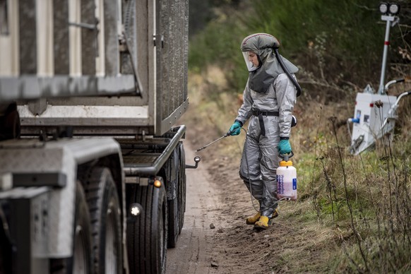 epa08810840 Members of Danish health authorities assisted by members of the Danish Armed Forces dispose dead mink in a military area near Holstebro in Denmark, 09 November 2020 (issued 10 November 202 ...