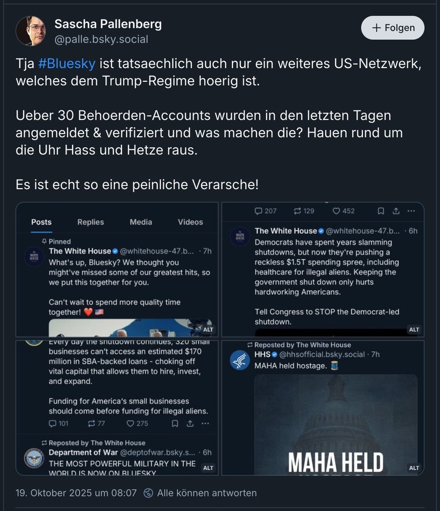 Bluesky-Posting von Sascha Pallenberg zum wachsenden Engagement der Trump-Regierung.