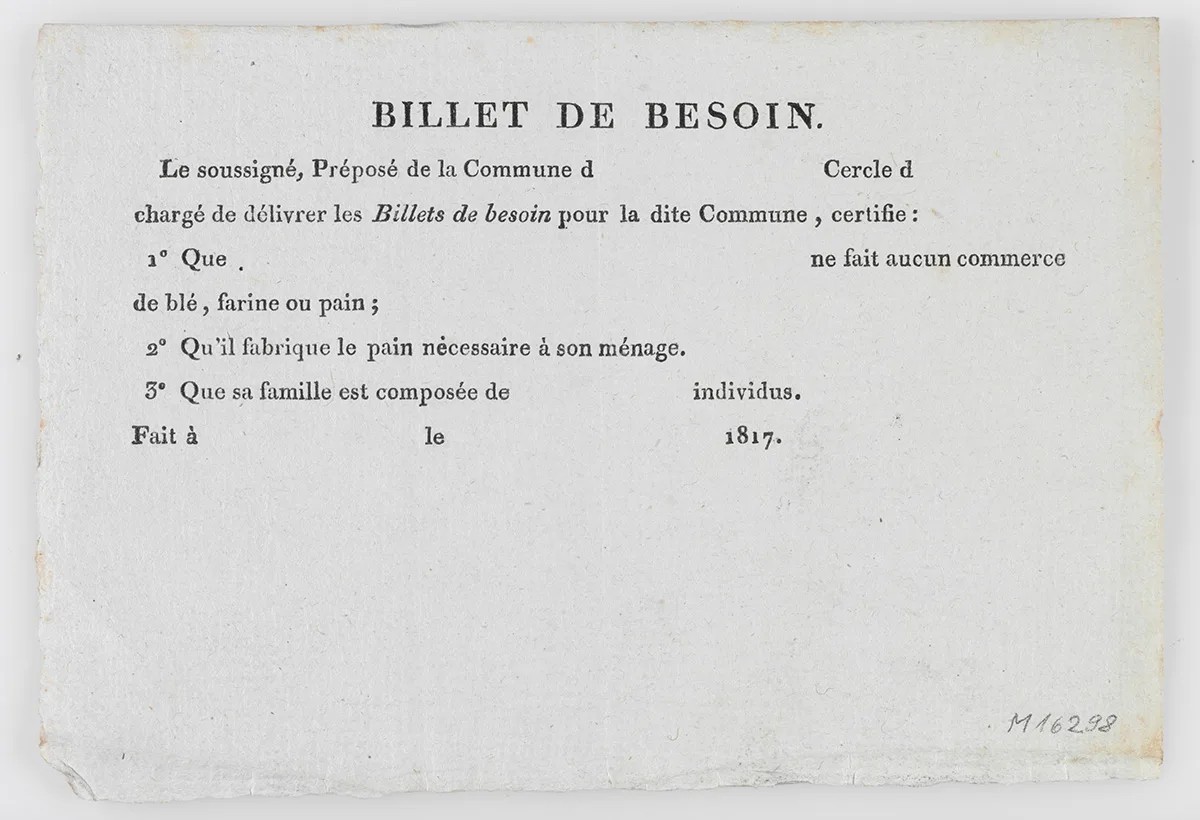 Ein Billet de Besoin von 1817. Dieser Gutschein für Bedürftige wurde vor allem in den Regionen Waadt und Genf von den Gemeinden an Bedürftige abgegeben, um ihnen den Bezug von lebensnotwendigen Gütern ...