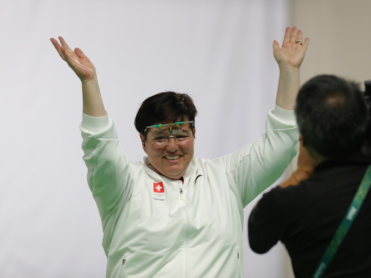 Heidi Diethelm Gerber of Switzerland celebrates after winning the women's 25m Pistol bronze medal match of the Rio 2016 Olympic Games Shooting events at the Olympic Shooting Centre in Rio de Jane ...