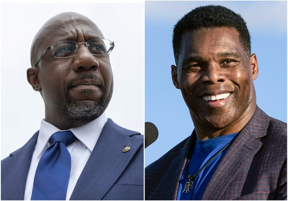 This combination of photos shows, Sen. Raphael Warnock, D-Ga., speaking to reporters on Capitol Hill in Washington, Aug. 3, 2021, left, and Republican Senate candidate Herschel Walker speaking in Perr ...