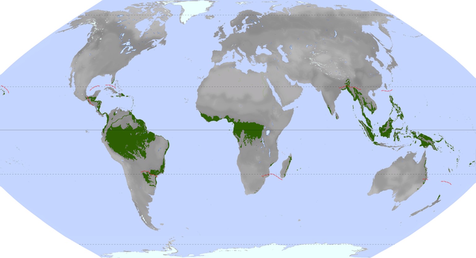 Lage der (sub)tropischen Tiefland- und Bergregenwälder (ohne Nebelwälder).
https://de.wikipedia.org/wiki/Tropischer_Regenwald#/media/Datei:Vegetationszone_Tropischer_Regenwald.png