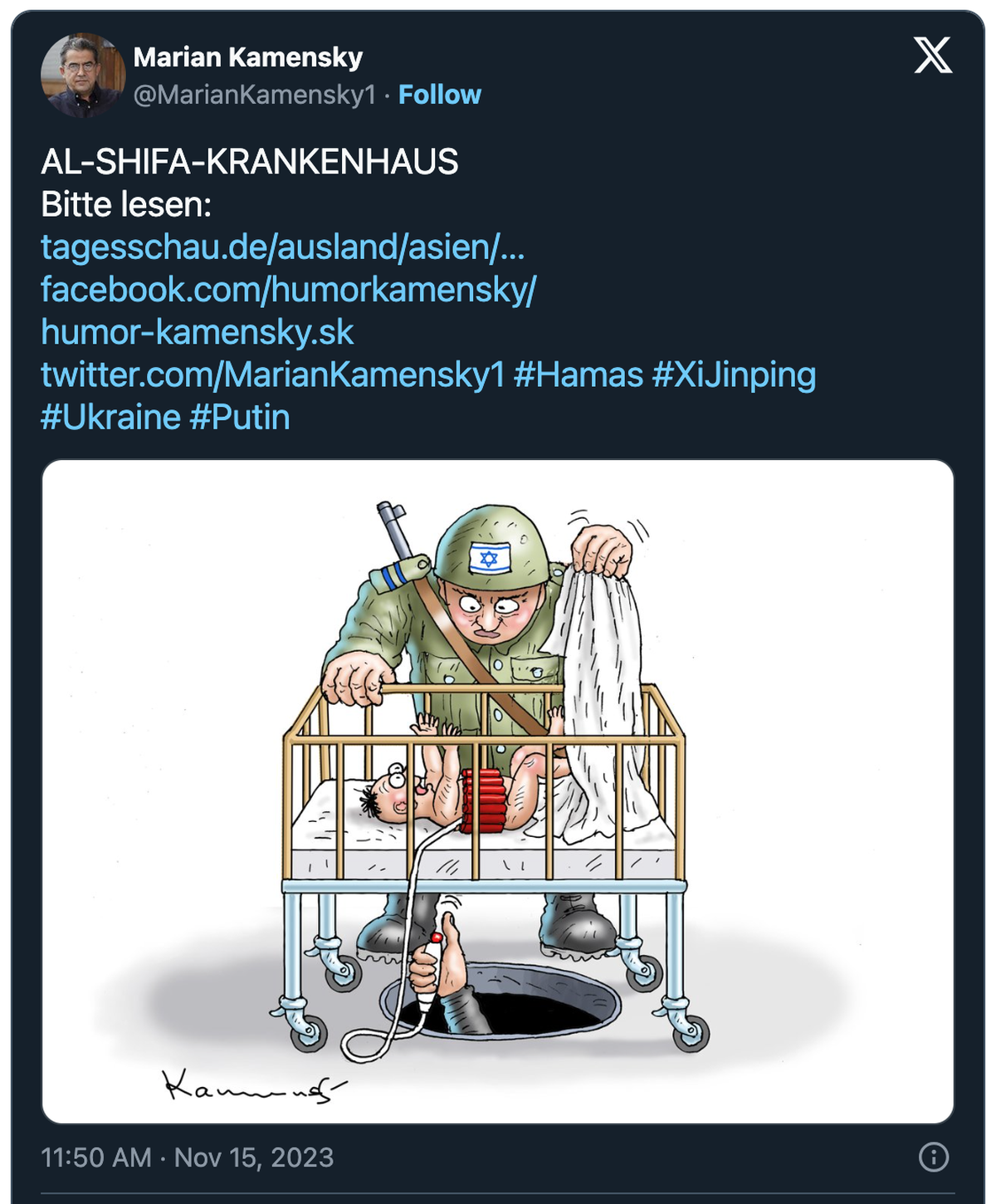 Karikatur zu Hamas-Terroristen, die die Zivilbevölkerung als Schutzschild missbrauchen.