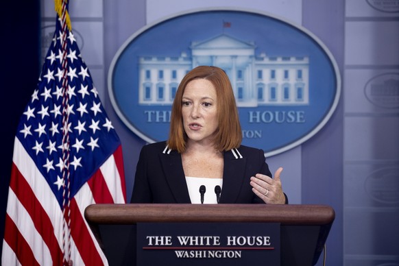 epa09443729 White House Press Secretary Jen Psaki participates in a news briefing during which a variety of topics were discussed ranging from the Biden administration&#039;s response to Hurricane Ida ...