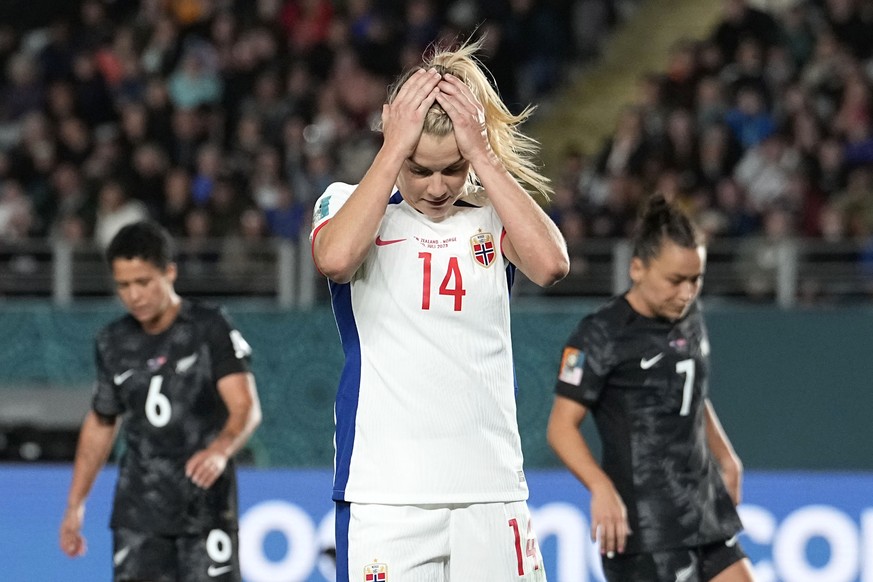 Norwegian Ada Hegerberg's reaction after missing a scoring opportunity during the Women's World Cup match between New Zealand and Norway in Auckland, New Zealand, Thursday, July 20, 2023. (AP...