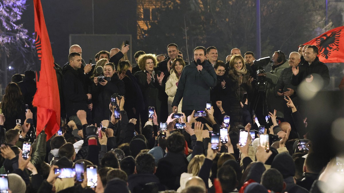 Albin Kurti, President of the left-wing Vetevendosje! party, delivers a speech to supporters following results of a parliamentary election, in Pristina, Kosovo, Monday, Feb. 10, 2025. (AP Photo/Vlasov ...