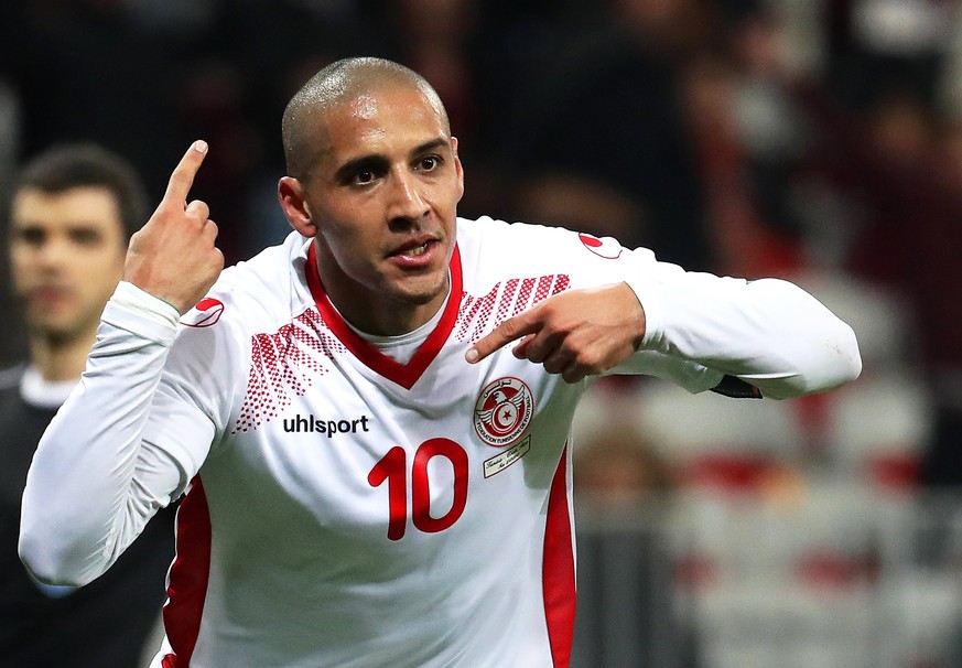 epa06632760 Wahbi Khazri of Tunisia celebrates after scoring the 1-0 lead during the International Friendly soccer match between Tunisia and Costa Rica in Nice, France, 27 March 2018. EPA/SEBASTIEN NO ...