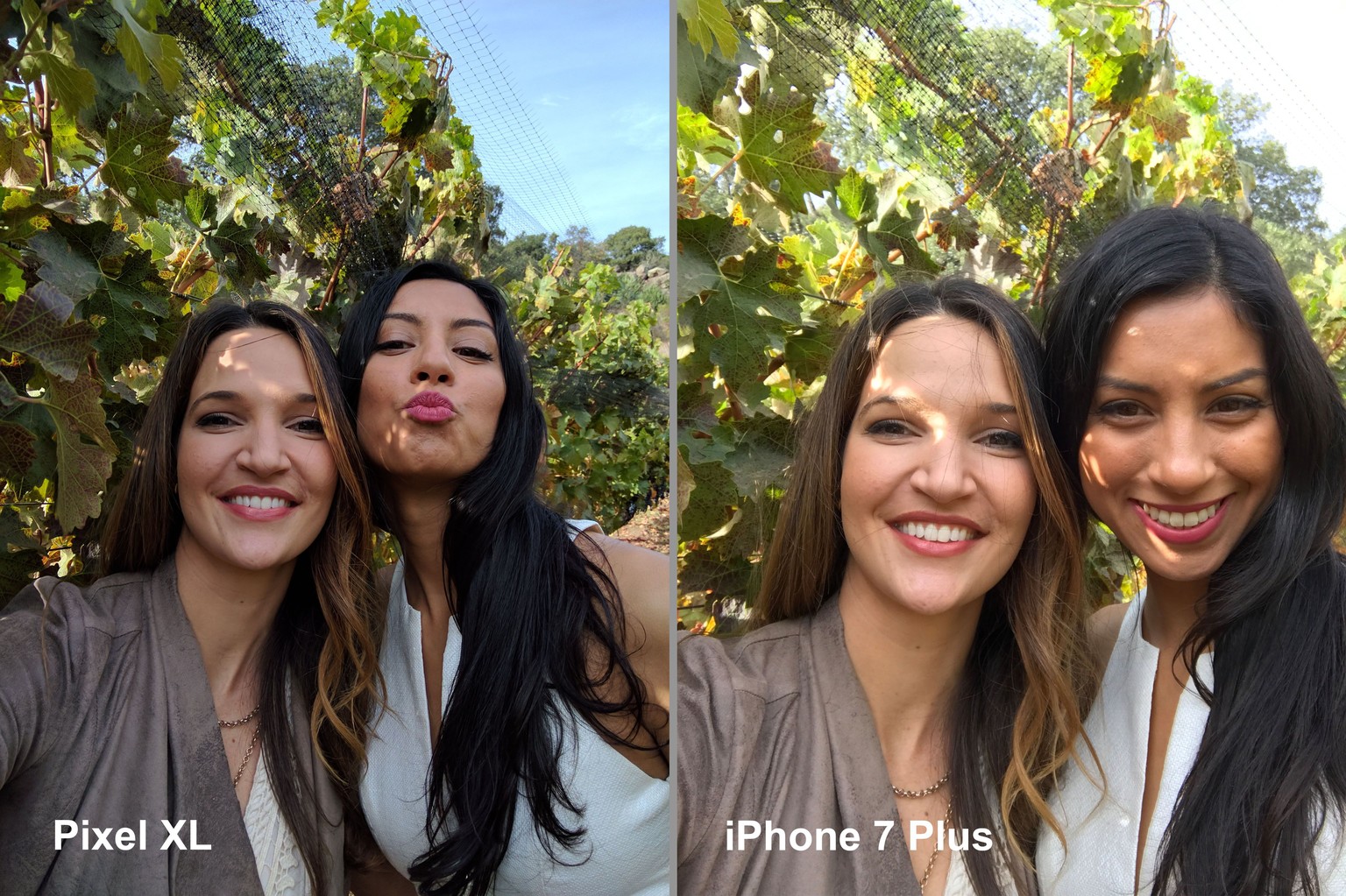 Die Front-Kamera des Pixels schiesst bei Tageslicht bessere Selfies. Das Pixel-Selfie ist schärfer, hat die natürlicheren Farben (siehe Himmel) und der bessere Weitwinkel bringt problemlos mehrere Menschen ins Bild. 