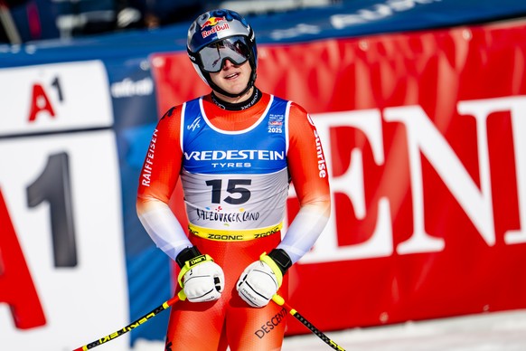 Franjo von Allmen of Switzerland reacts in the finish area during the men&#039;s Super G race at the 2025 FIS Alpine World Ski Championships, in Saalbach-Hinterglemm, Austria, Friday, February 7, 2025 ...