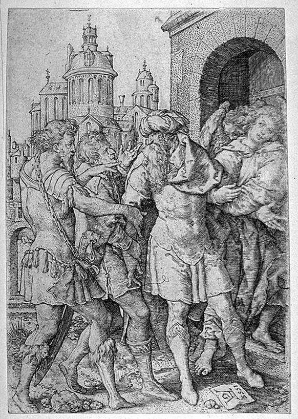 Lot hindert die Sodomiten daran, die Engel zu vergewaltigen, Druck von Heinrich Aldegrever, 1555.