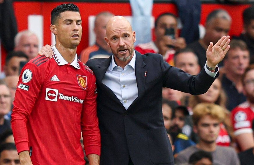 Mandatory Credit: Photo by Paul Currie/Shutterstock 13360385fu Cristiano Ronaldo of Manchester United, ManU and manager Erik ten Hag Manchester United v Arsenal, Premier League, Football, Old Trafford ...