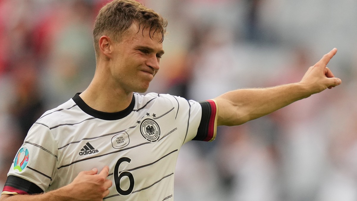 epa09286565 Joshua Kimmich of Germany reacts after the UEFA EURO 2020 group F preliminary round soccer match between Portugal and Germany in Munich, Germany, 19 June 2021. EPA/Matthias Schrader / POOL ...