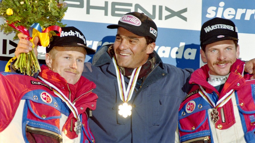 Ski WM 1996, RTL Herren: Urs KAELIN (SUI ), Alberto TOMBA (ITA), Michael von GRUENIGEN (SUI) SKI ALPIN SAISON 95/96 WM 1996 Sierra Nevada Riesentorlauf Herren 13.02.1996 Urs KAELIN (SUI li), Alberto T ...