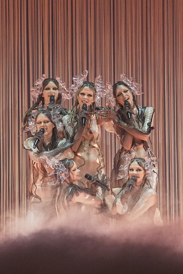 Tautumeitas from Latvia performs the song &quot;Bur Man Laimi&quot; during the dress rehearsal for the Grand Final of the 69th Eurovision Song Contest, in Basel, Switzerland, Friday, May 16 2025. (AP  ...