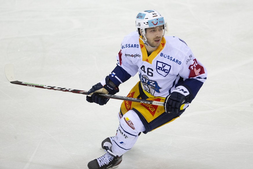 Zug&#039;s forward Lino Martschini skates, during a National League regular season game of the Swiss Championship between Geneve-Servette HC and EV Zug, at the ice stadium Les Vernets, in Geneva, Swit ...