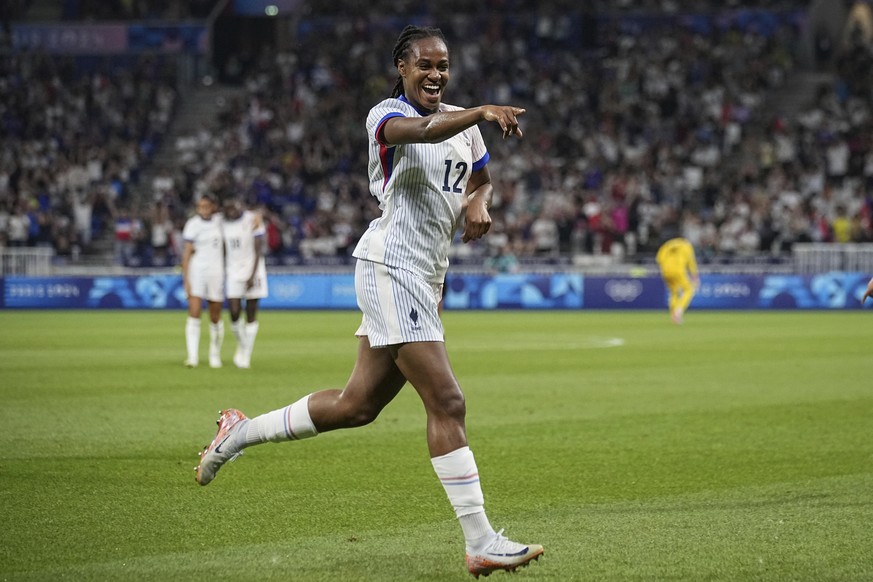 France&#039;s Marie-Antoinette Katoto celebrates after scoring during the women&#039;s Group A soccer match between New Zealand and France at the Lyon stadium during the 2024 Summer Olympics, Wednesda ...