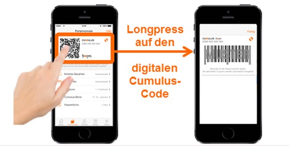 Lange auf den QR-Code klicken, um wieder den Strichcode anzuzeigen. Blaue Bons können mit dem Strichcode aber nicht eingelöst werden.