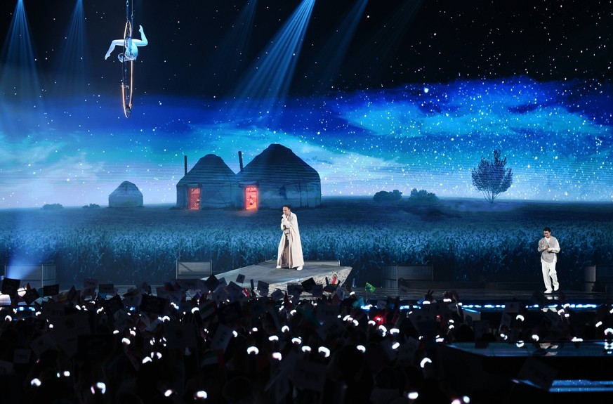 Russia Intervision Song Contest 9009558 20.09.2025 Members of the NOMAD Trio of Kyrgyzstan perform during the Intervision International Song Contest at the Live Arena Concert Hall in Moscow, Russia. V ...