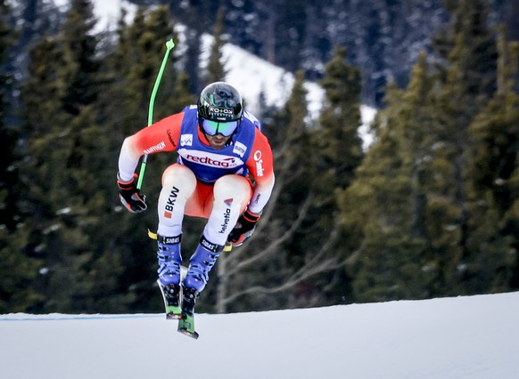 Switzerland&#039;s Jonas Lenherr skis during the men&#039;s semifinal of a World Cup ski cross event at Nakiska Ski Resort in Kananaskis, Alberta, Sunday, Jan. 21, 2024. (Jeff McIntosh/The Canadian Pr ...