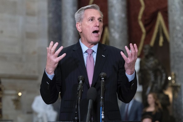 Speaker of the House Kevin McCarthy, R-Calif., speaks during a news conference in Statuary Hall at the Capitol in Washington, Thursday, Jan. 12, 2023. (AP Photo/Jose Luis Magana)
Kevin McCarthy