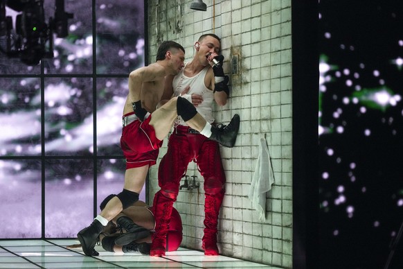 Olly Alexander of United Kingdom performs the song Dizzy during the dress rehearsal for the first semifinal at the Eurovision Song Contest in Malmo, Sweden, Monday, May 6, 2024. (AP Photo/Martin Meiss ...