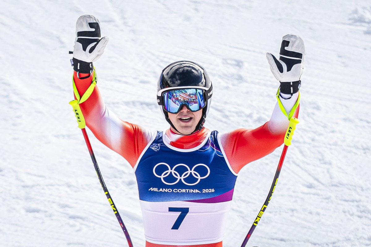 Gold medalist Switzerland's Franjo von Allmen reacts during the men's alpine skiing Super-G race at the 2026 Olympic Winter Games at the Stelvio Ski centre in Bormio, Italy, on Wednesday, Fe ...