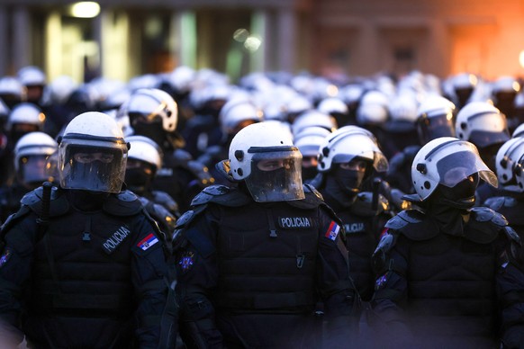 epa11966473 Riot police secure the area during the student-led rally in Belgrade, Serbia, 15 March 2025. University students staged a protest, demanding accountability after fifteen people lost their  ...