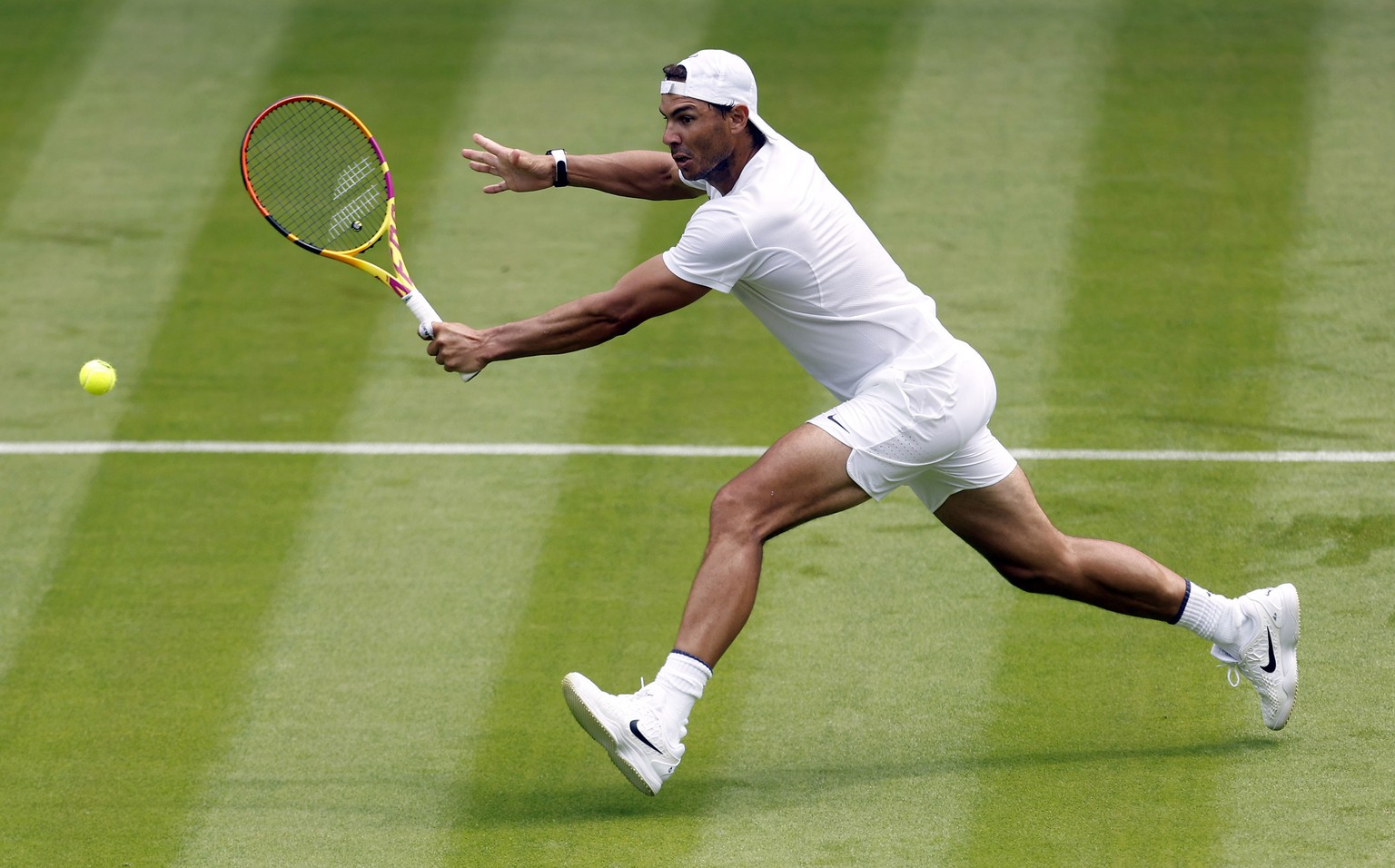 Spain&#039;s Rafael Nadal practices on Center Court ahead of the 2022 Wimbledon Championship at the All England Lawn Tennis and Croquet Club, in London, Thursday, June 23, 2022. (Steven Paston/PA via  ...