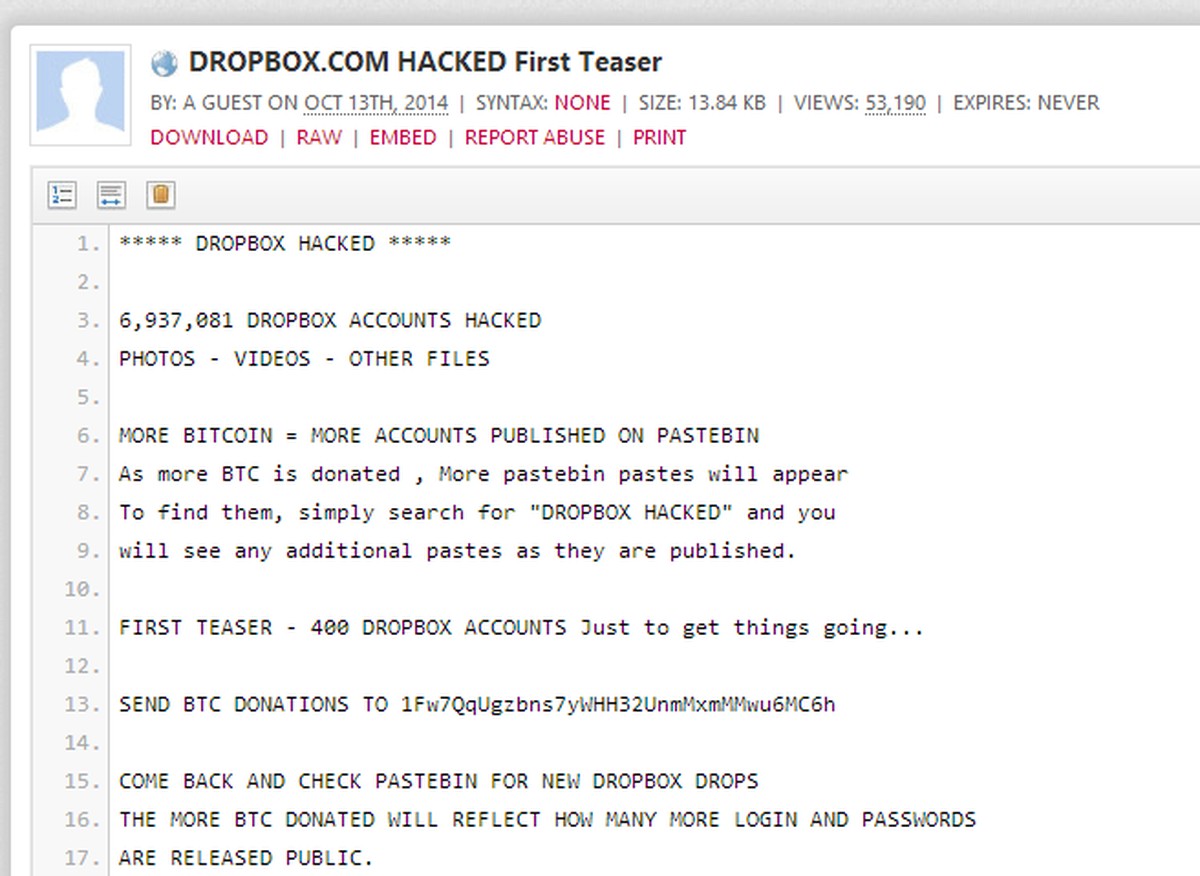 Hacker brüsten sich im Internet mit Dropbox-Hack.
