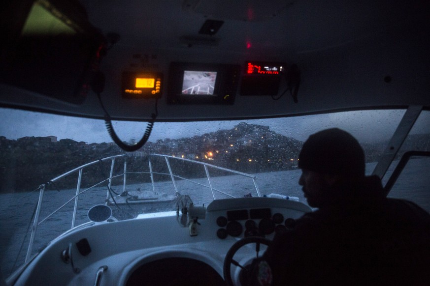 Members of the Frontex, European Border Protection Agency, from Portugal patrol the coasts of the northeastern Greek island of Lesbos, Thursday, Nov. 26, 2015. About 5,000 migrants reaching Europe eac ...