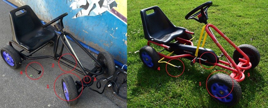 Links der in Zürich aufgetauchte Gang-Gokart, rechts ein zum Verkauf stehender Puky Gokart für Kleinkinder.