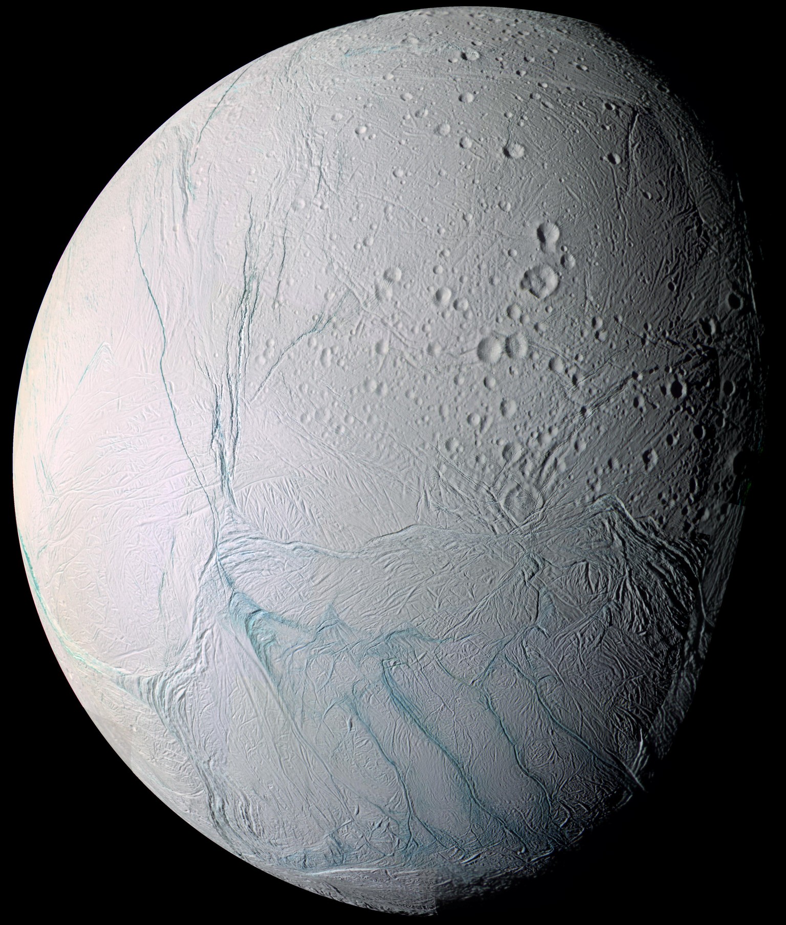 FILE - This June 28, 2009 image provided by NASA, taken by the international Cassini spacecraft, shows Enceladus, one of Saturn&#039;s moons. NASA&#039;s Cassini spacecraft has detected hydrogen molec ...